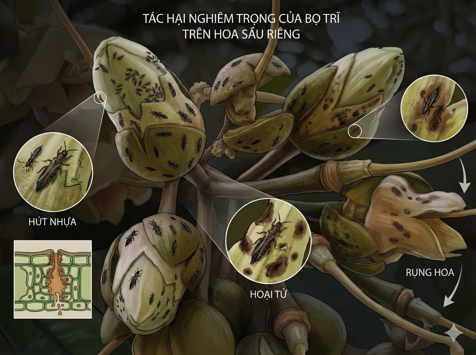 Bọ Trĩ Trên Sầu Riêng: Vòng Đời, Điểm Yếu Từng Giai Đoạn, Và Gợi Ý Phối Hoạt Chất Theo Danh Mục Thuốc BVTV Mới